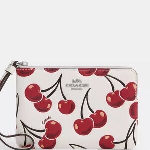 Coach White Cherry Print Wristlet with Red Accents